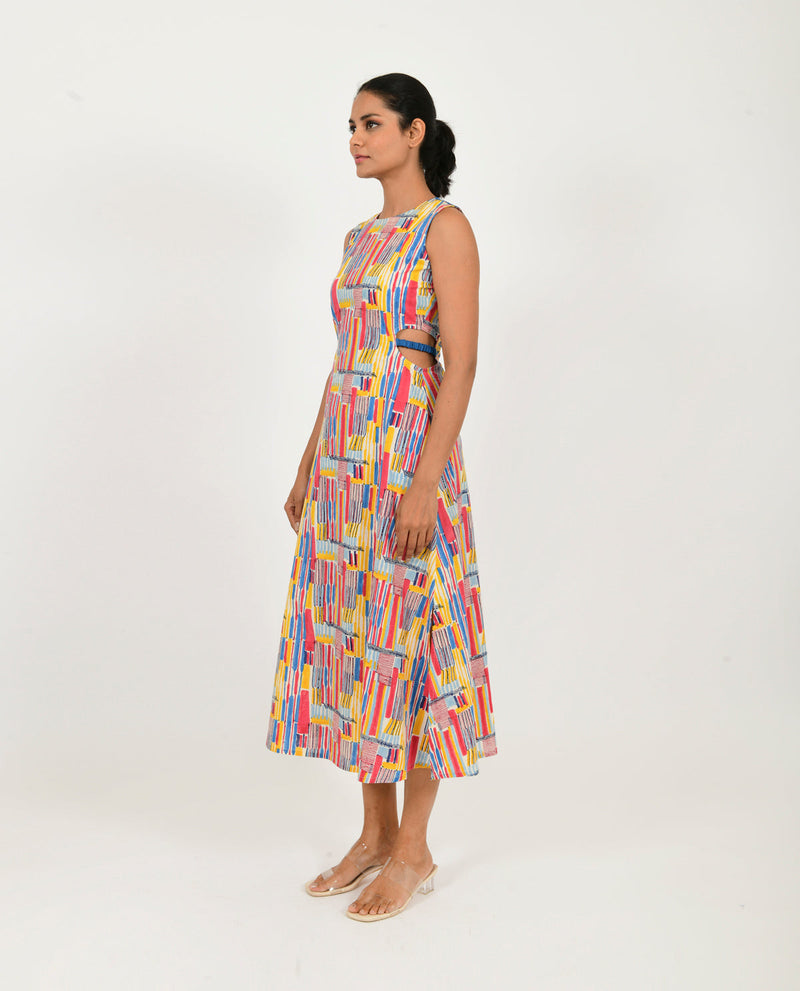 SCRIBBLE SIDE CUT DRESS cotton Dresses,Short and Midi Dresses by Rias in multi color for women Worldwide