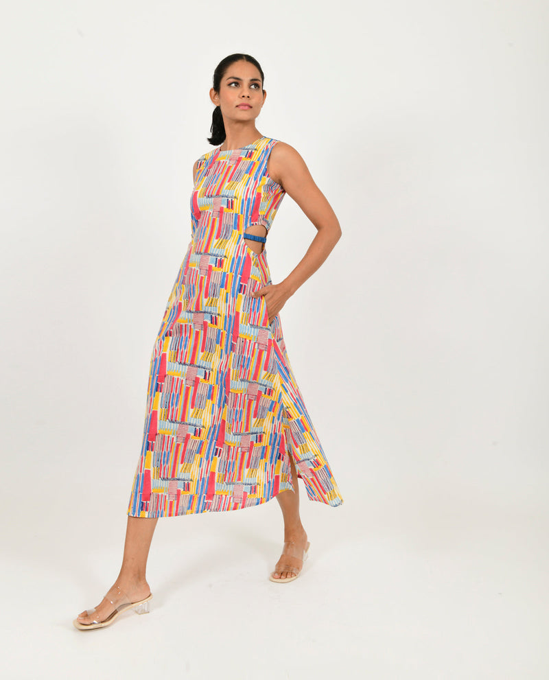 SCRIBBLE SIDE CUT DRESS cotton Dresses,Short and Midi Dresses by Rias in multi color for women Worldwide