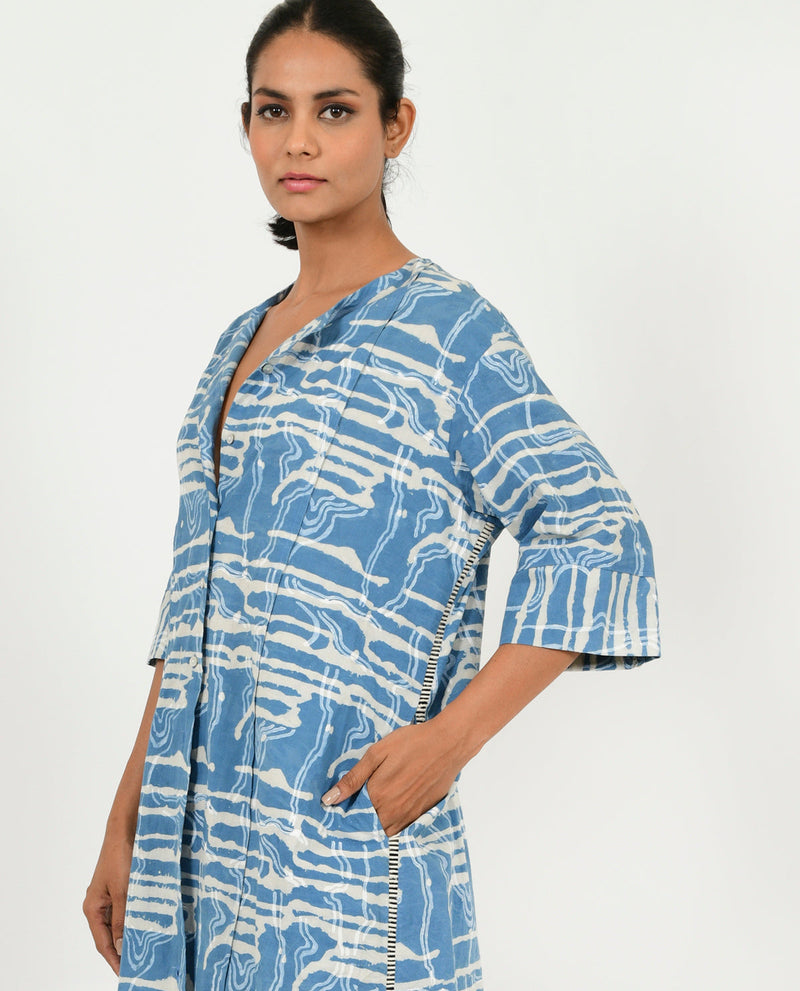 INDIGO SPLASH BUTTONED DRESS cotton by Rias in blue color for women Worldwide