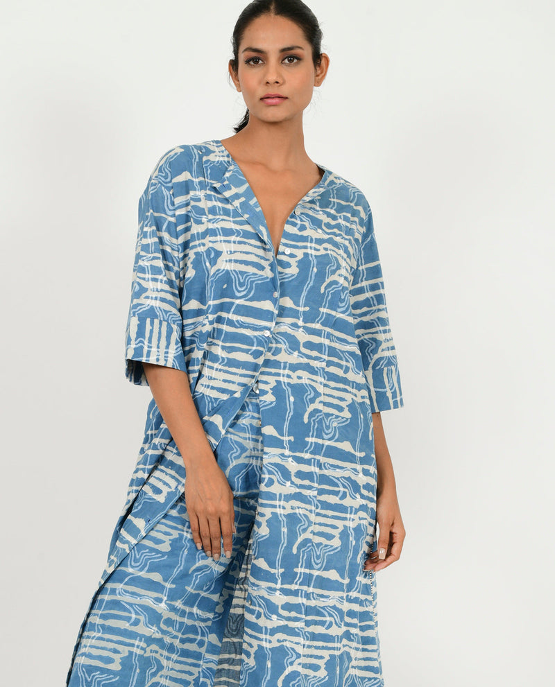 INDIGO SPLASH BUTTONED DRESS cotton by Rias in blue color for women Worldwide