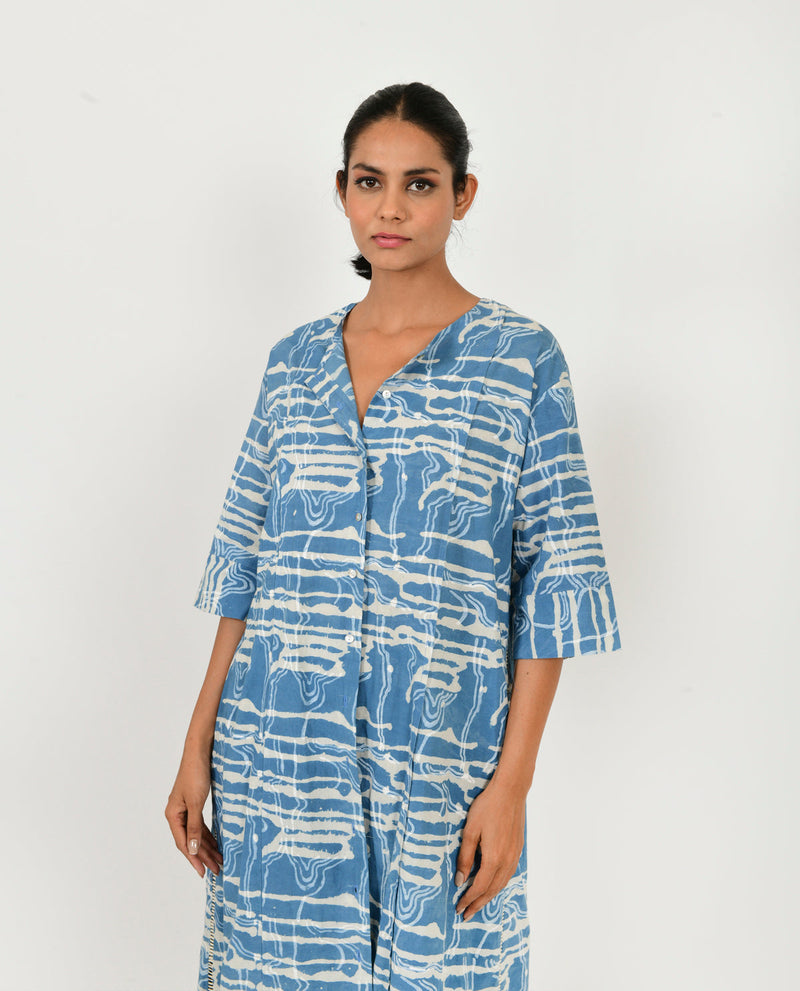 INDIGO SPLASH BUTTONED DRESS cotton by Rias in blue color for women Worldwide