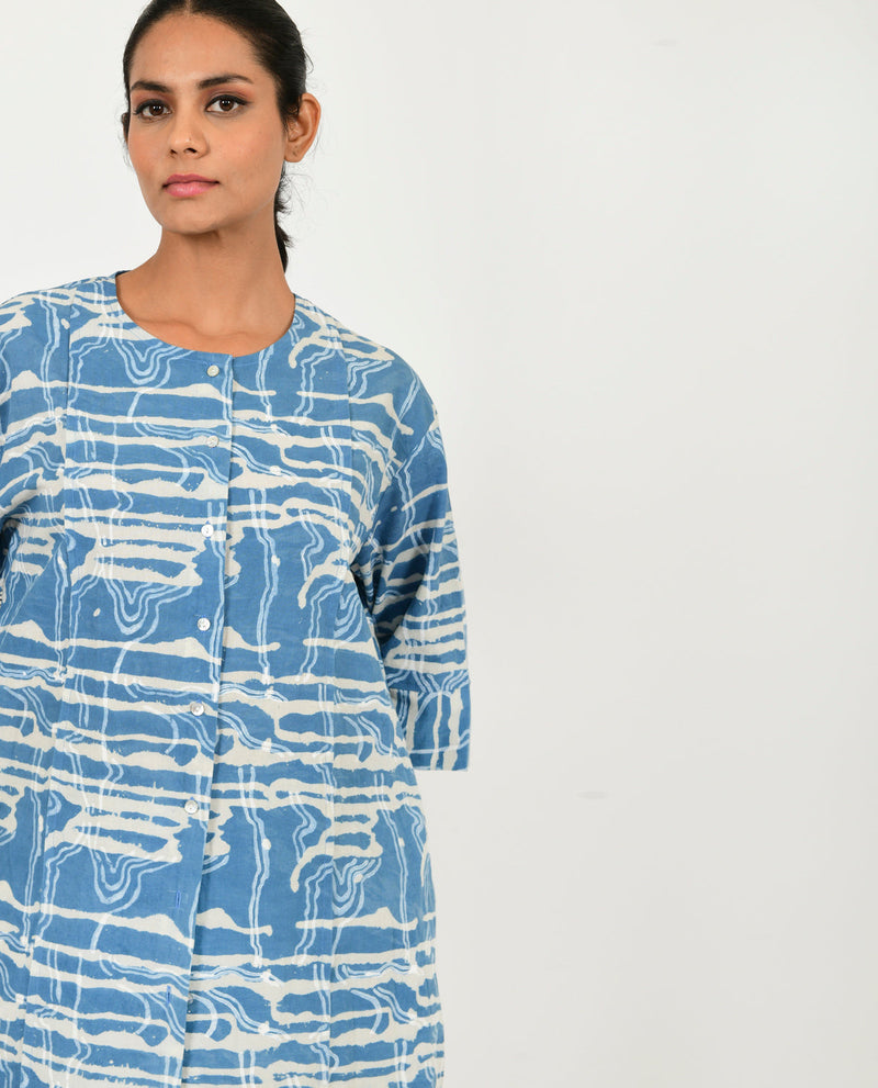 INDIGO SPLASH BUTTONED DRESS cotton by Rias in blue color for women Worldwide
