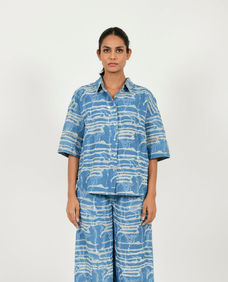 INDIGO SPLASH LINEN SHIRT by Rias in blue color for women Worldwide
