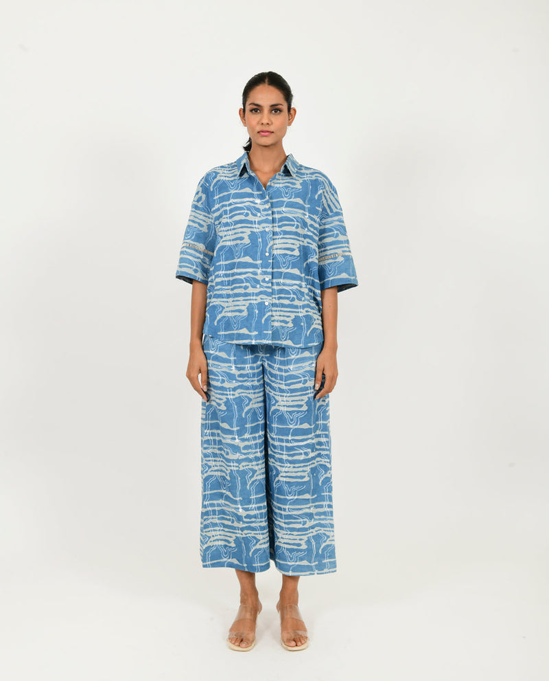 INDIGO SPLASH SHIRT LINEN CO-ORD SET by Rias in blue color for women Worldwide