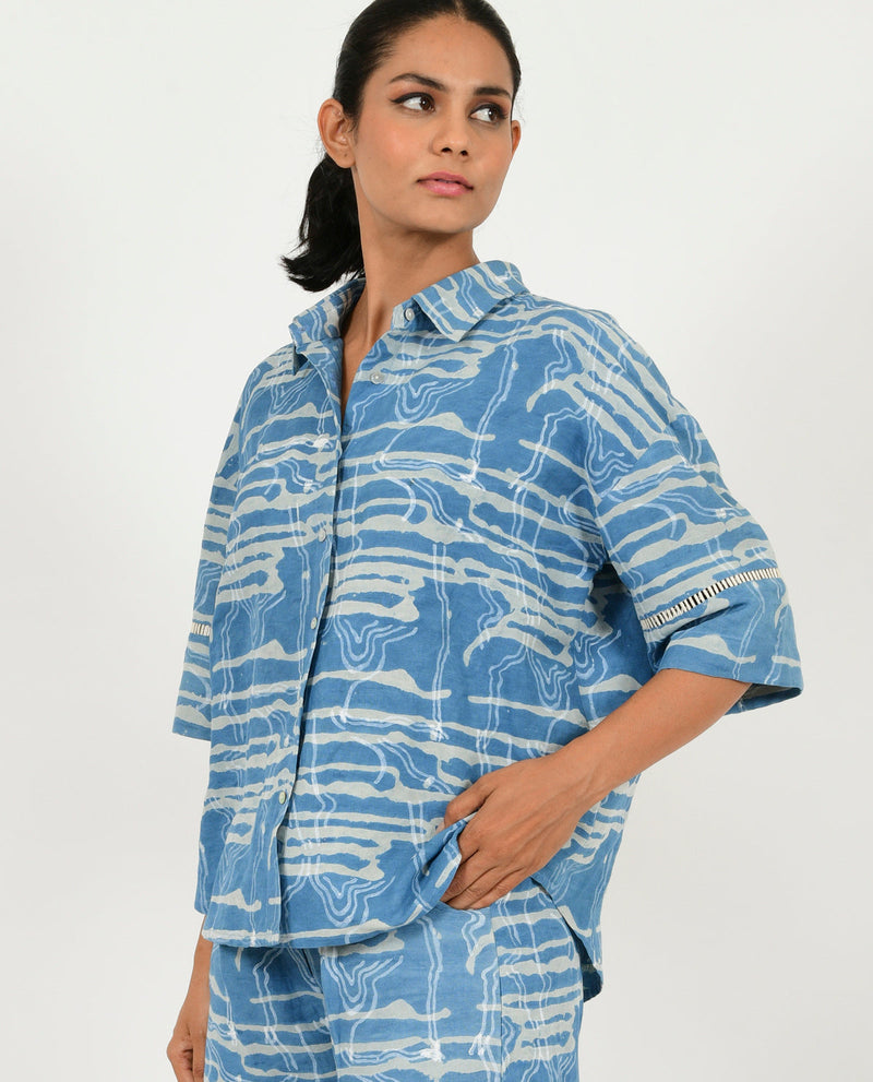 INDIGO SPLASH LINEN SHIRT by Rias in blue color for women Worldwide