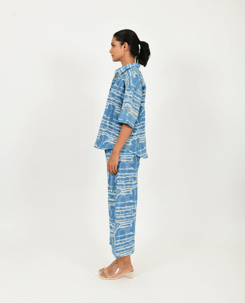 INDIGO SPLASH SHIRT LINEN CO-ORD SET by Rias in blue color for women Worldwide