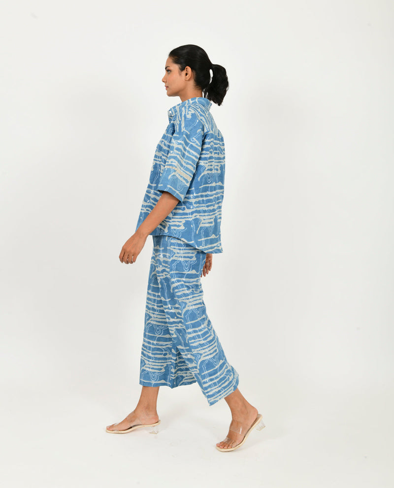 INDIGO SPLASH SHIRT LINEN CO-ORD SET by Rias in blue color for women Worldwide
