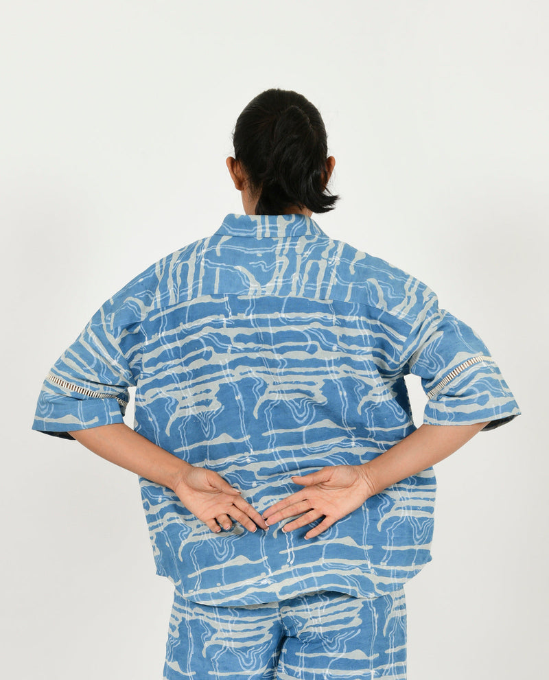 INDIGO SPLASH LINEN SHIRT by Rias in blue color for women Worldwide