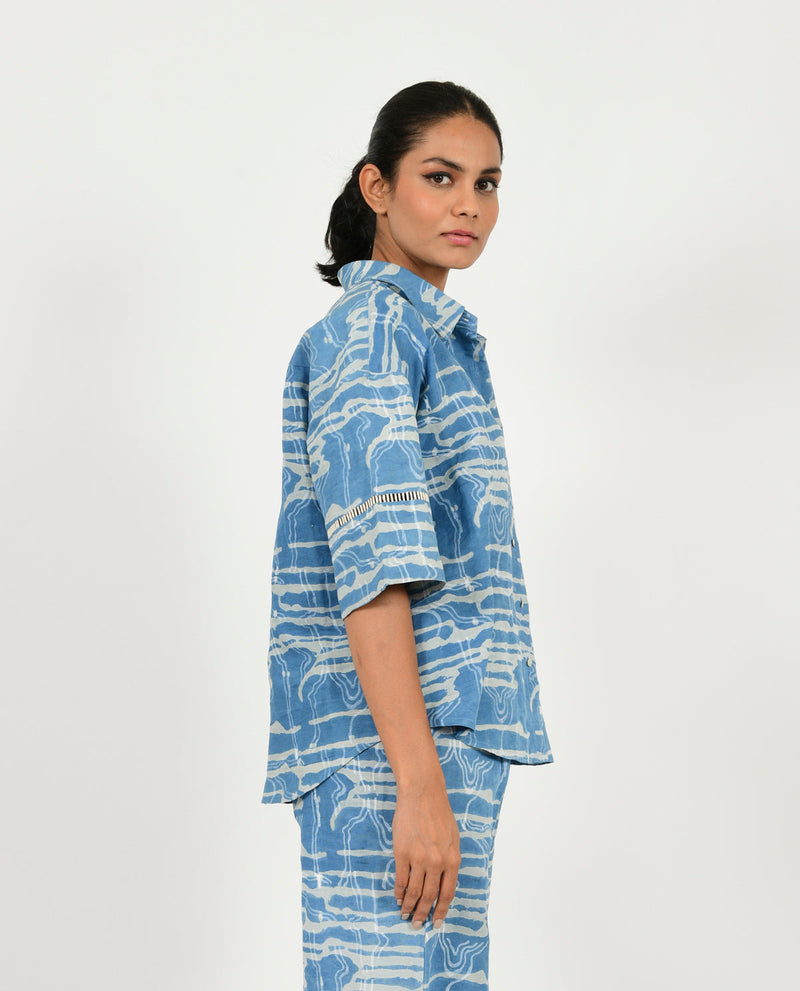 INDIGO SPLASH LINEN SHIRT by Rias in blue color for women Worldwide