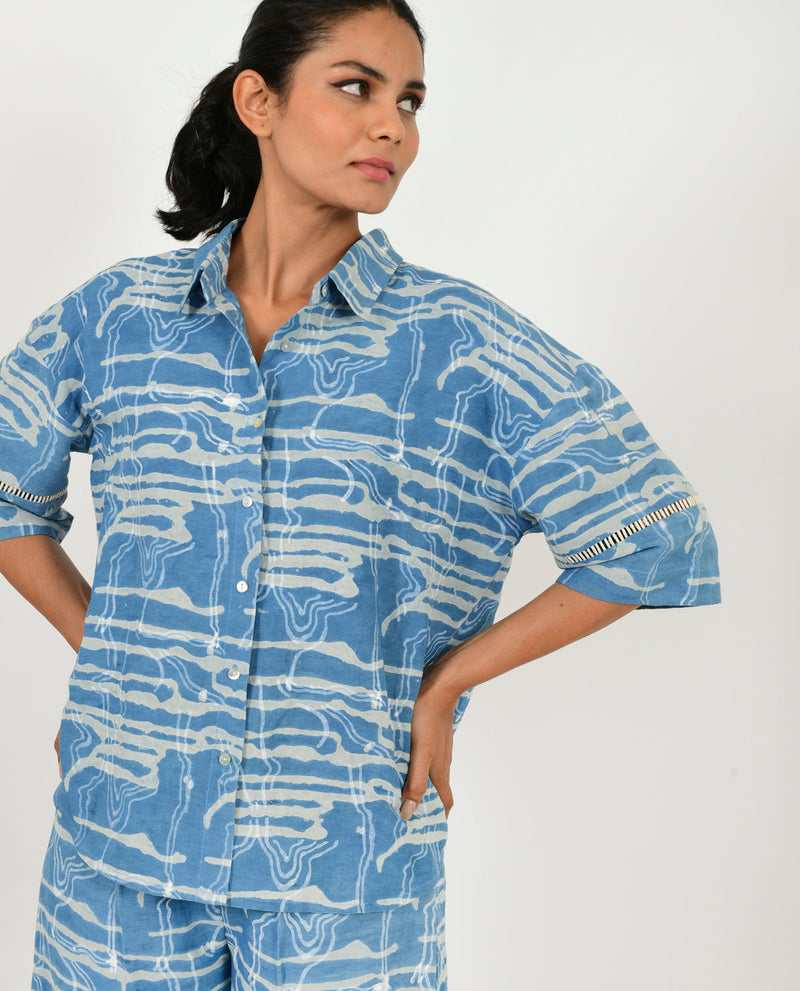 INDIGO SPLASH LINEN SHIRT by Rias in blue color for women Worldwide