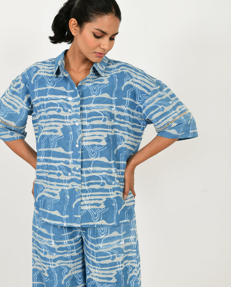 INDIGO SPLASH SHIRT LINEN CO-ORD SET by Rias in blue color for women Worldwide