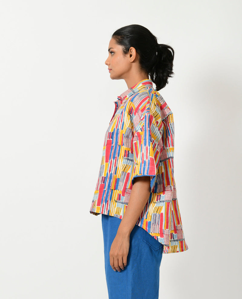 SCRIBBLE HAND BLOCK LINEN CROP SHIRT cotton by Rias in multi color for women Worldwide