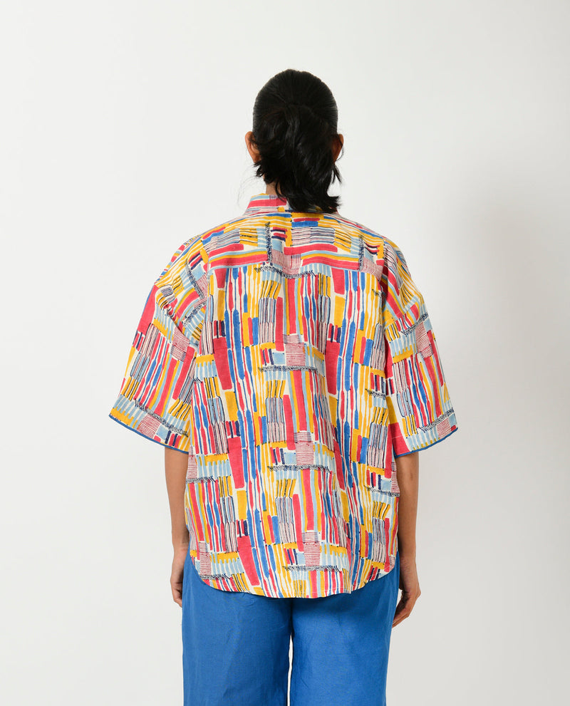 SCRIBBLE HAND BLOCK LINEN CROP SHIRT cotton by Rias in multi color for women Worldwide