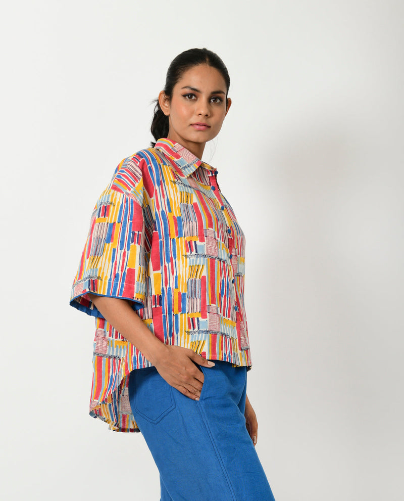 SCRIBBLE HAND BLOCK LINEN CROP SHIRT cotton by Rias in multi color for women Worldwide