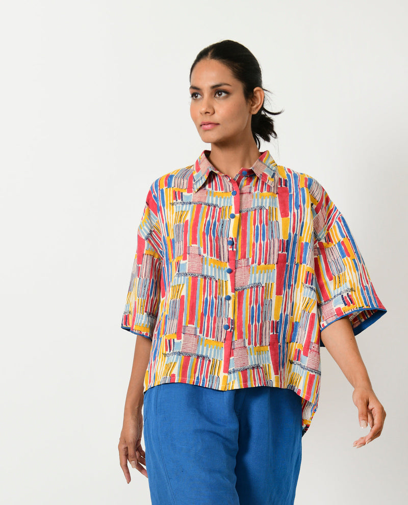 SCRIBBLE HAND BLOCK LINEN CROP SHIRT cotton by Rias in multi color for women Worldwide
