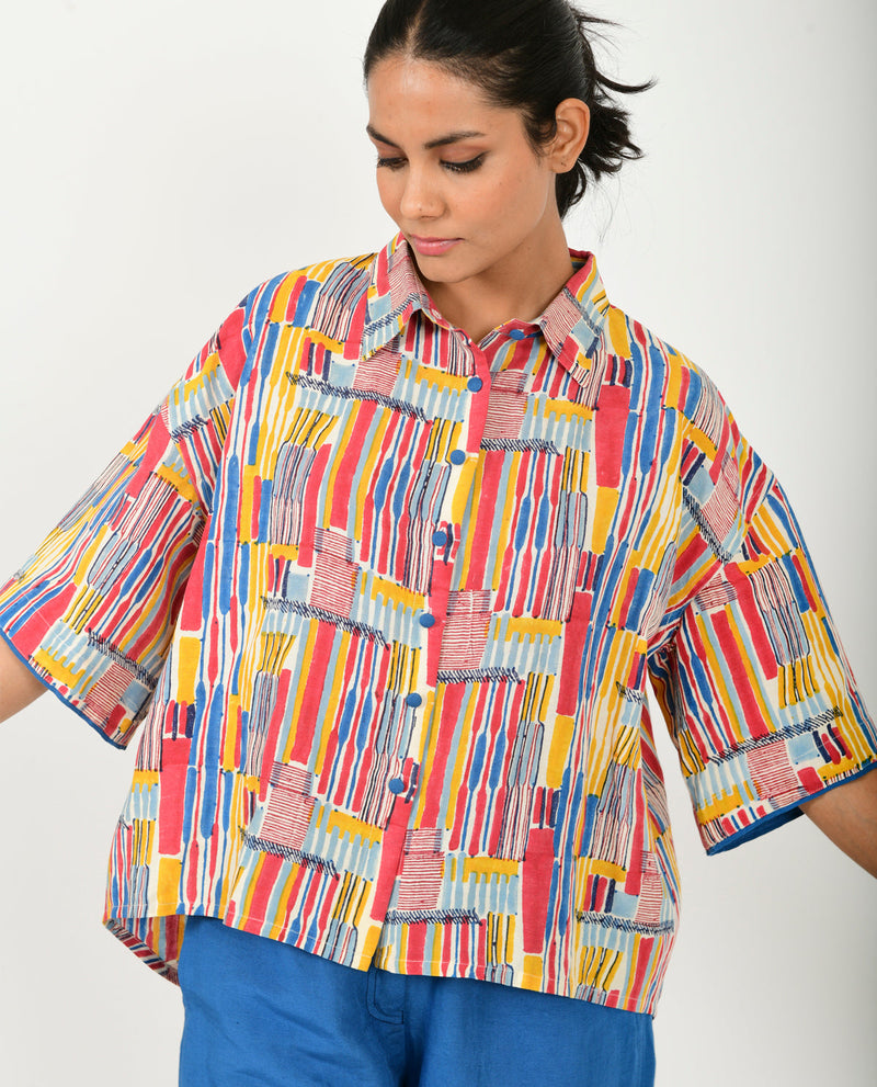 SCRIBBLE HAND BLOCK LINEN CROP SHIRT cotton by Rias in multi color for women Worldwide