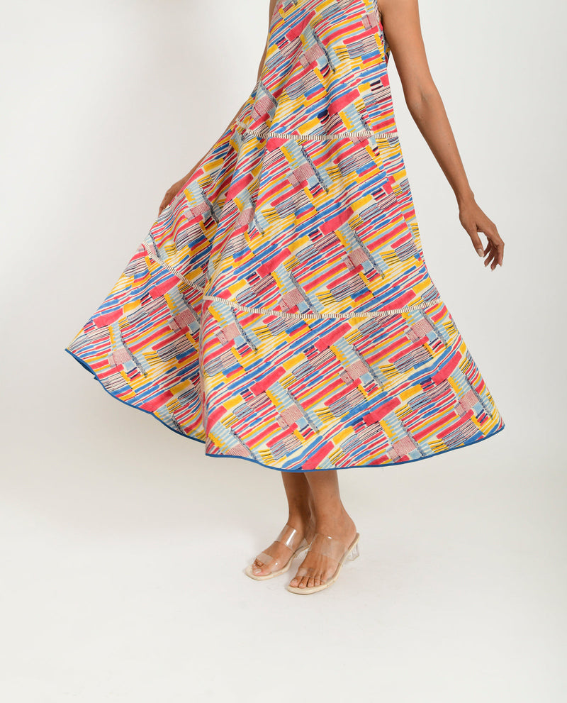 SCRIBBLE HAND BLOCK MAXI cotton Dresses,Short and Midi Dresses by Rias in multi color for women Worldwide