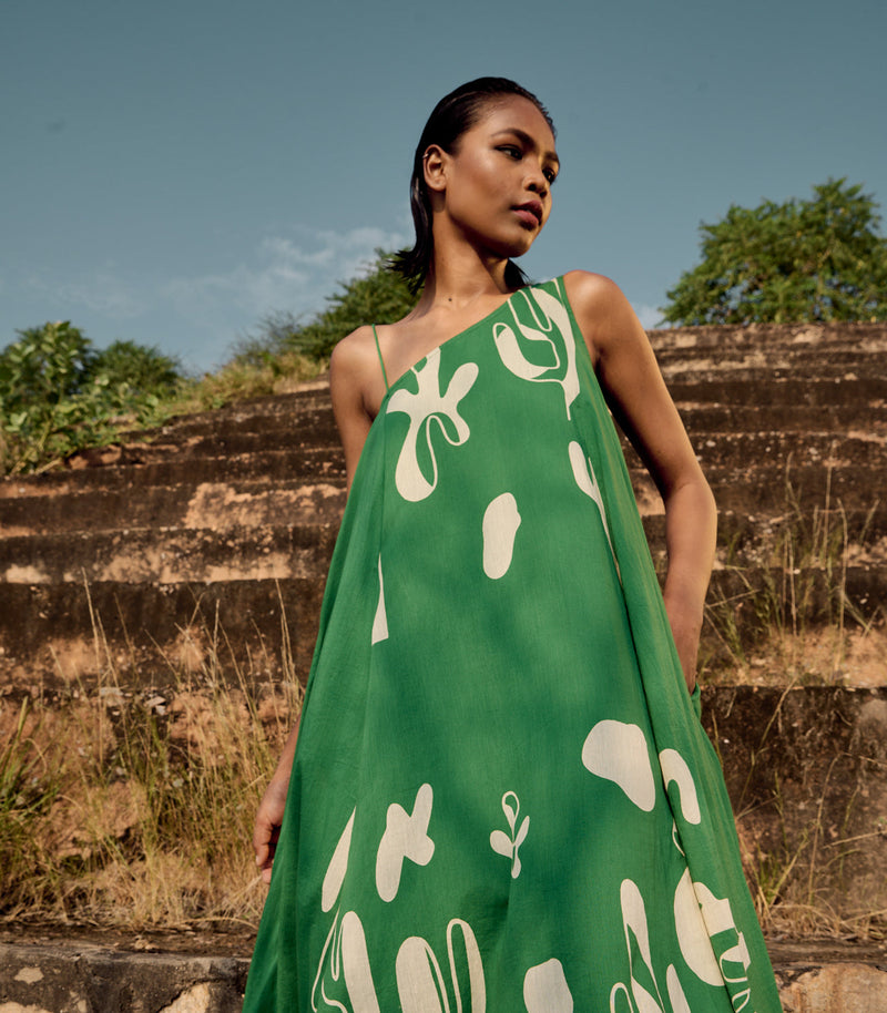 Crest dress cotton by Khara Kapas in green for women Worldwide