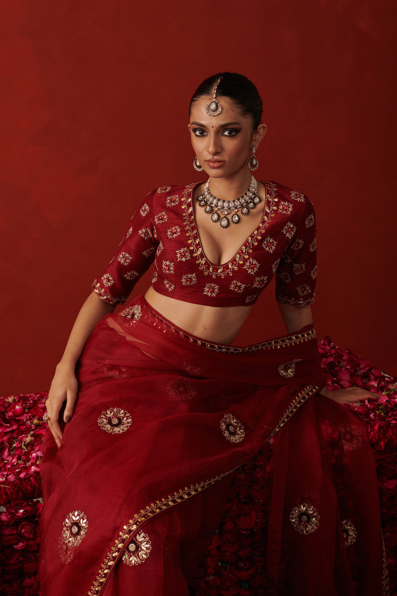 DUA BLOUSE silk by Rashika Mittal in red color for women Worldwide