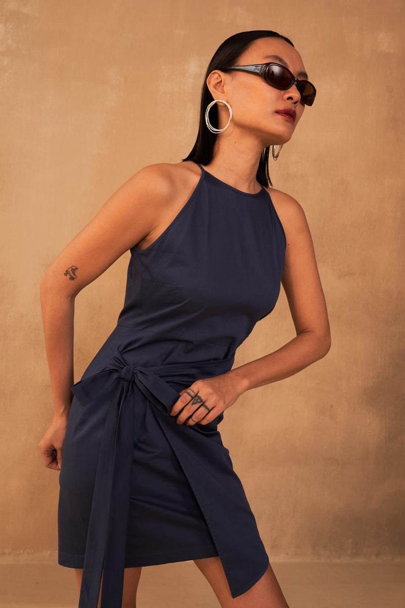 Daffodil Dreams Organic Cotton Wrap Dress satin by SUI in navy color for women Worldwide
