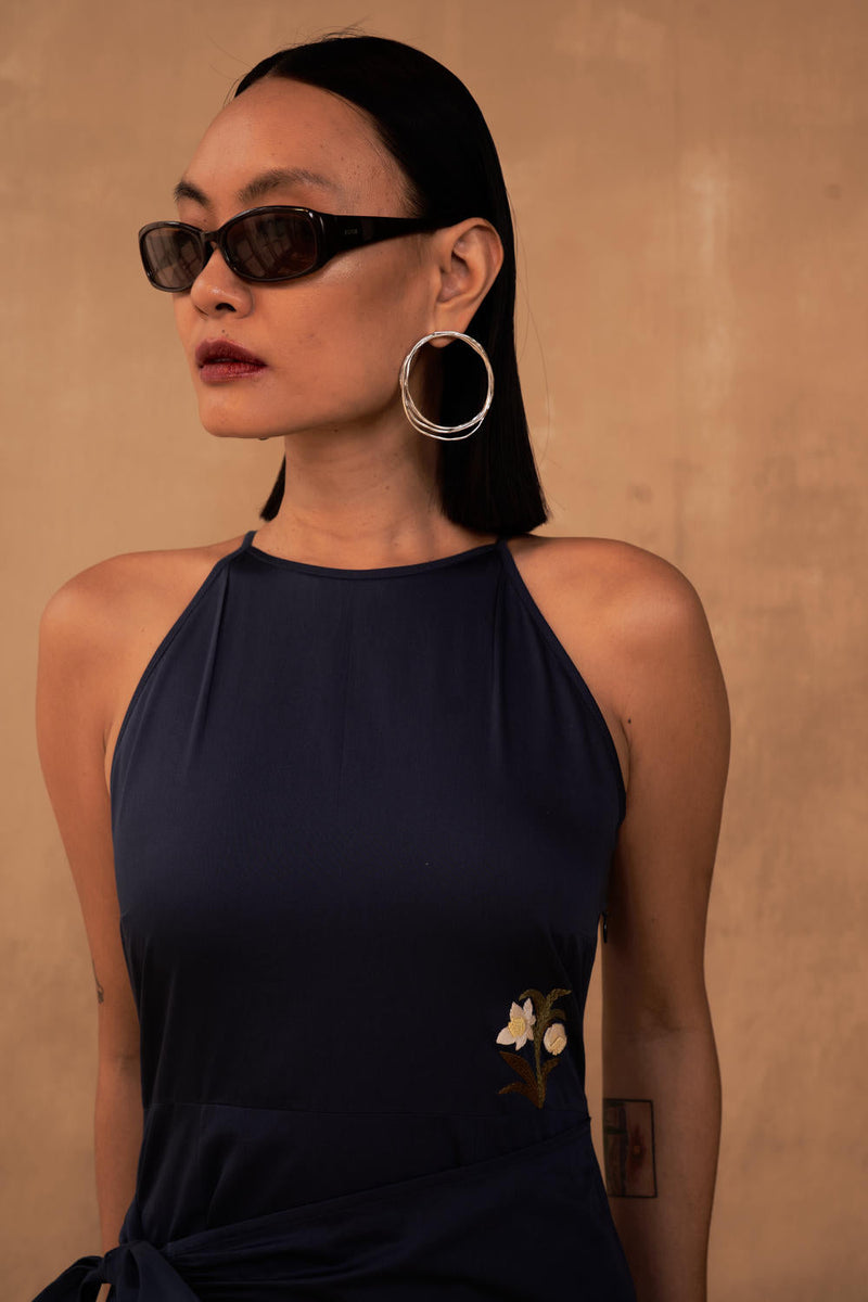 Daffodil Dreams Organic Cotton Wrap Dress satin by SUI in navy color for women Worldwide