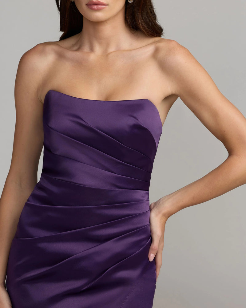 11653-Dark Purple Strapless Satin Gown With Slit polyester evening-gowns by Mac Duggal in purple for women Worldwide