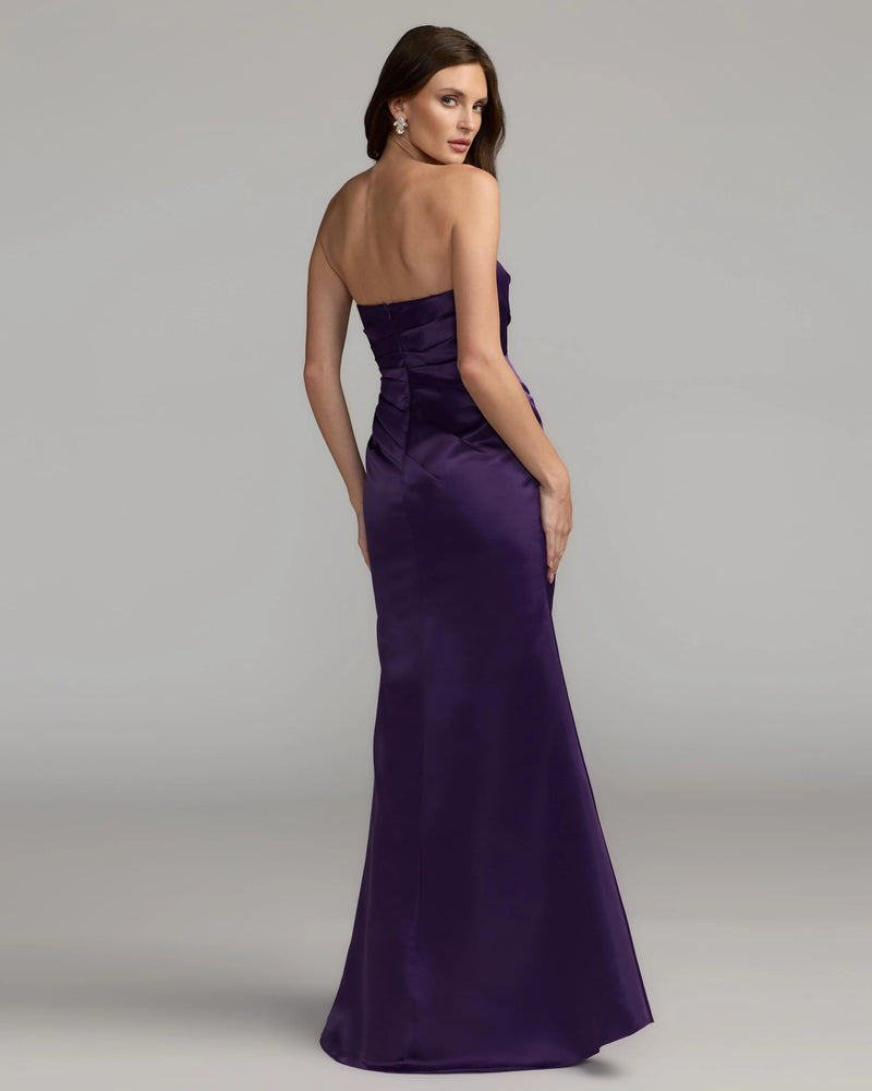 11653-Dark Purple Strapless Satin Gown With Slit polyester evening-gowns by Mac Duggal in purple for women Worldwide