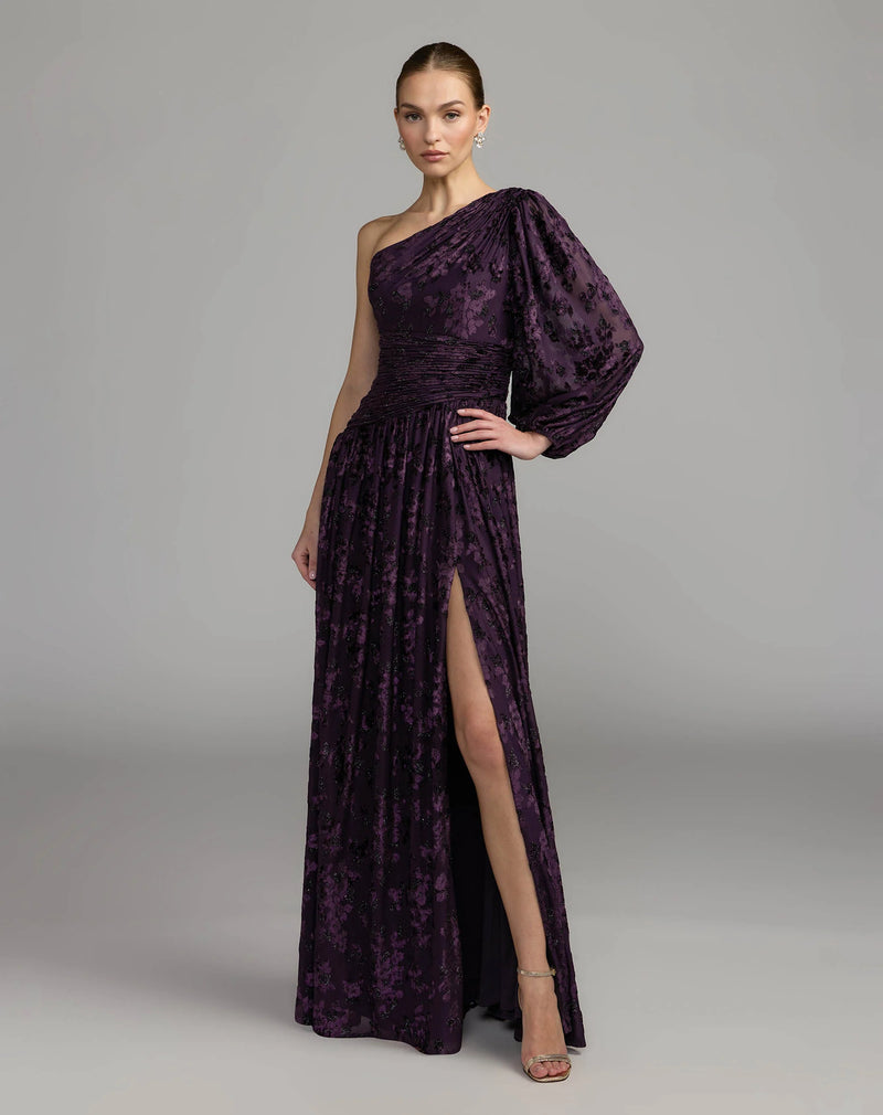 50179-Deep Purple One Shoulder Long Sleeve Burnout Velvet Gown polyester evening-gowns by Mac Duggal in purple for women Worldwide