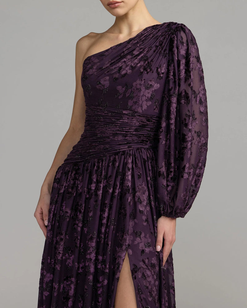 50179-Deep Purple One Shoulder Long Sleeve Burnout Velvet Gown polyester evening-gowns by Mac Duggal in purple for women Worldwide