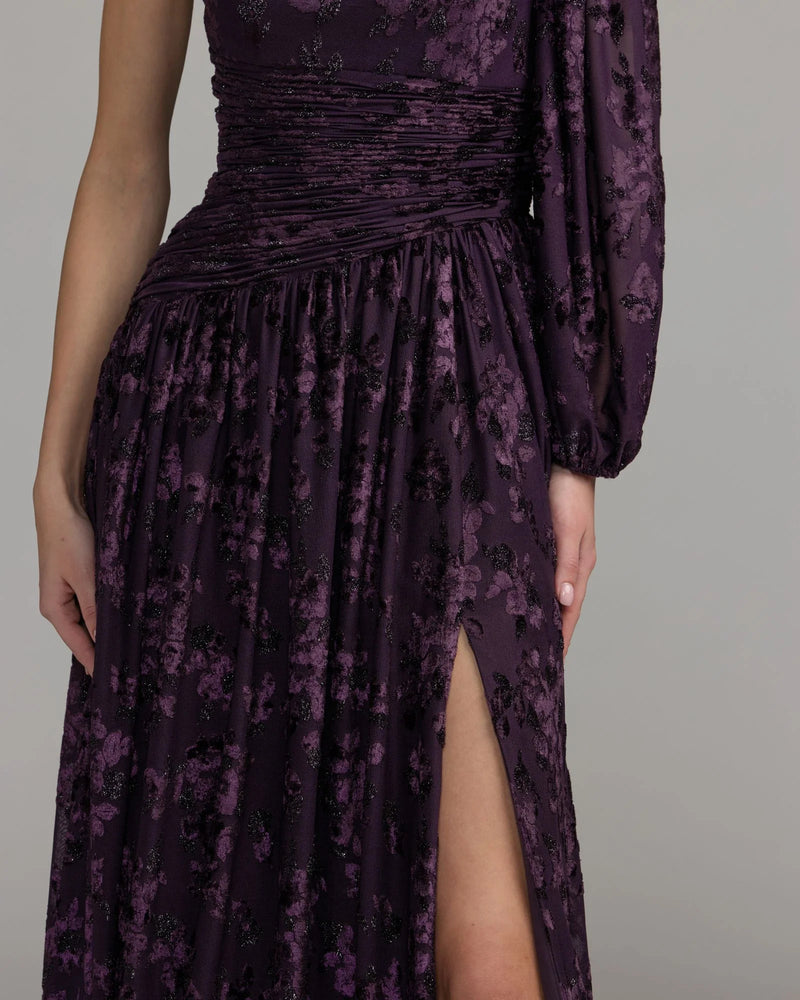50179-Deep Purple One Shoulder Long Sleeve Burnout Velvet Gown polyester evening-gowns by Mac Duggal in purple for women Worldwide