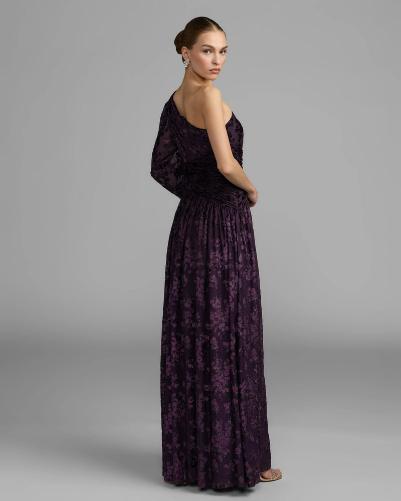 50179-Deep Purple One Shoulder Long Sleeve Burnout Velvet Gown polyester evening-gowns by Mac Duggal in purple for women Worldwide