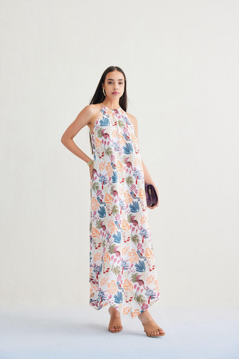 Deep Sea Lyocell Halter Maxi Dress by SUI in white color for women Worldwide