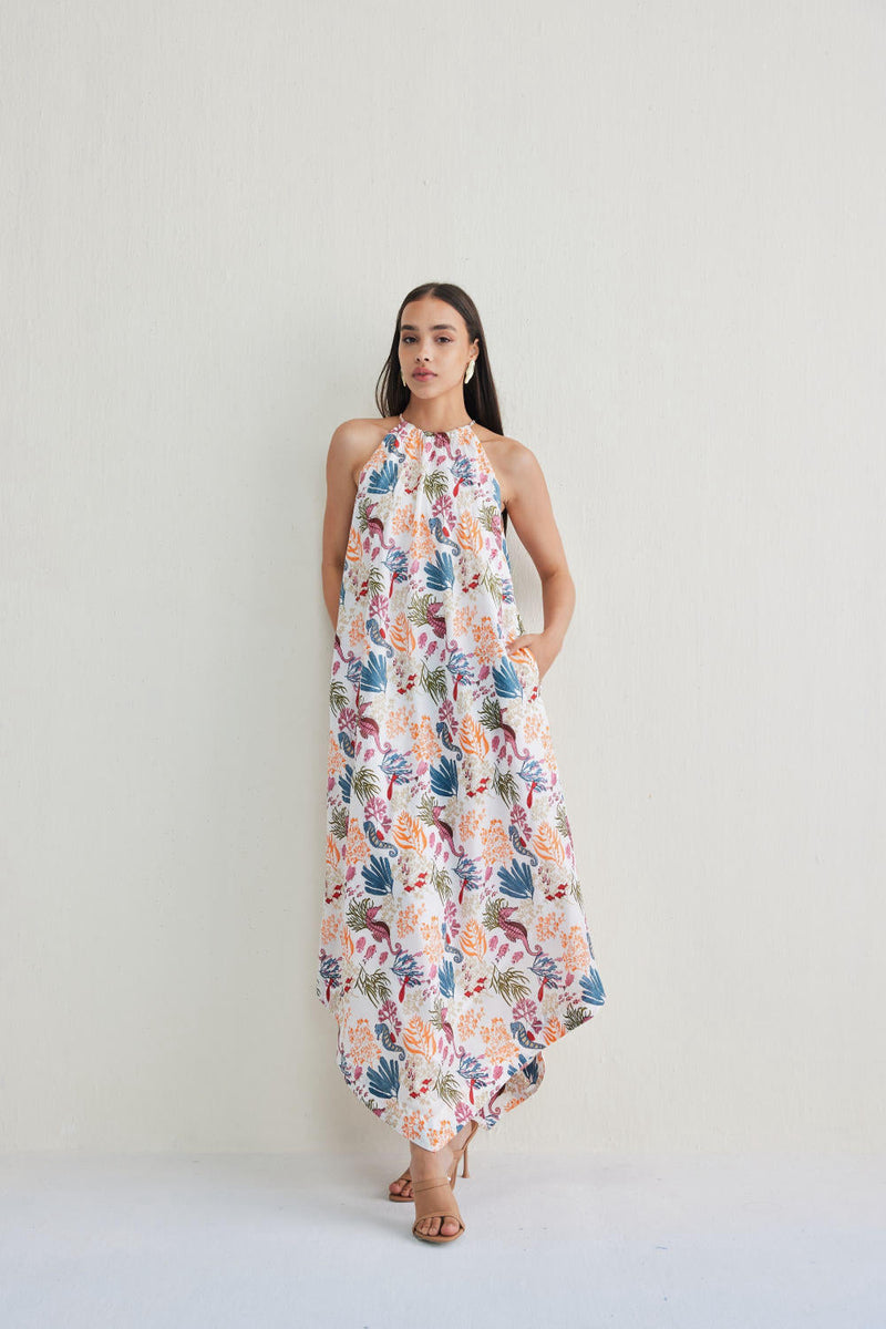 Deep Sea Lyocell Halter Maxi Dress by SUI in white color for women Worldwide