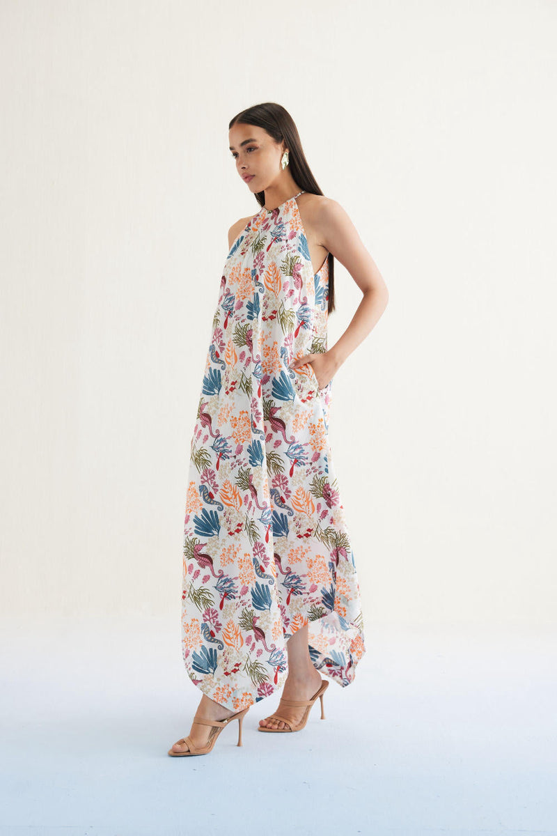 Deep Sea Lyocell Halter Maxi Dress by SUI in white color for women Worldwide