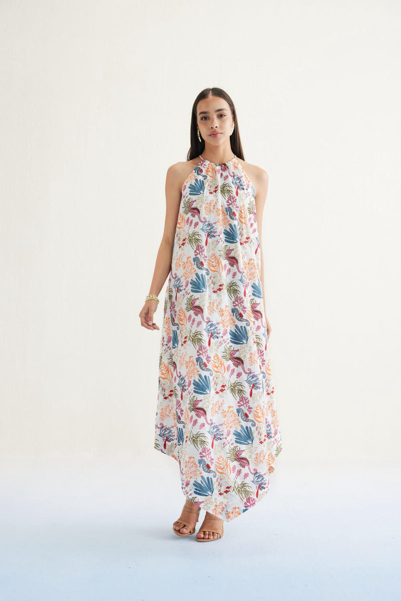 Deep Sea Lyocell Halter Maxi Dress by SUI in white color for women Worldwide