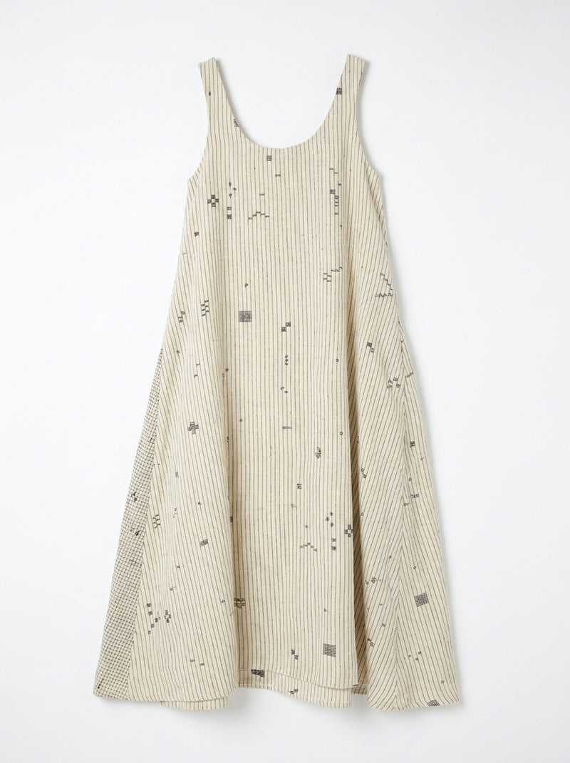 Desert Rhythm Midi Dress-Fine stripe cotton jamdani dress by World of Crow in white for women Worldwide