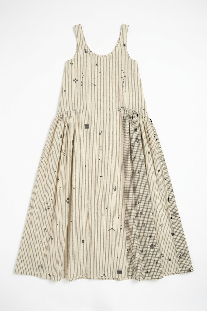 Desert Rhythm Midi Dress-Fine stripe cotton jamdani dress by World of Crow in white for women Worldwide