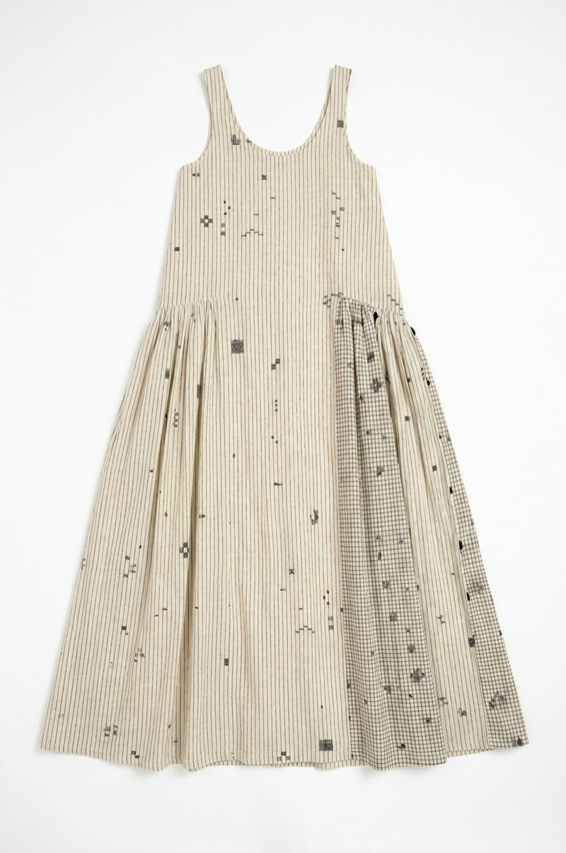 Desert Rhythm Midi Dress-Fine stripe cotton jamdani dress by World of Crow in white for women Worldwide