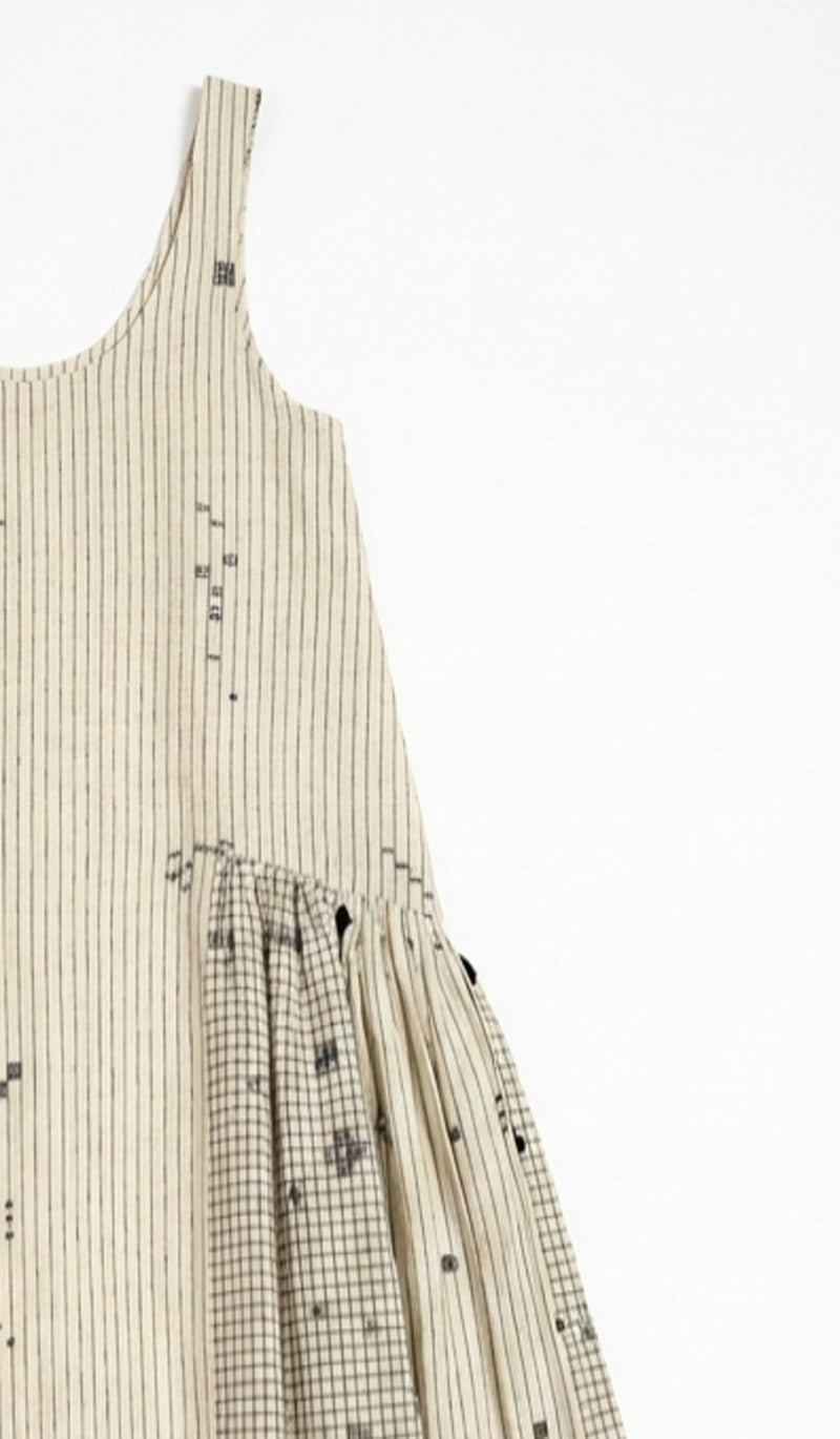 Desert Rhythm Midi Dress-Fine stripe cotton jamdani dress by World of Crow in white for women Worldwide