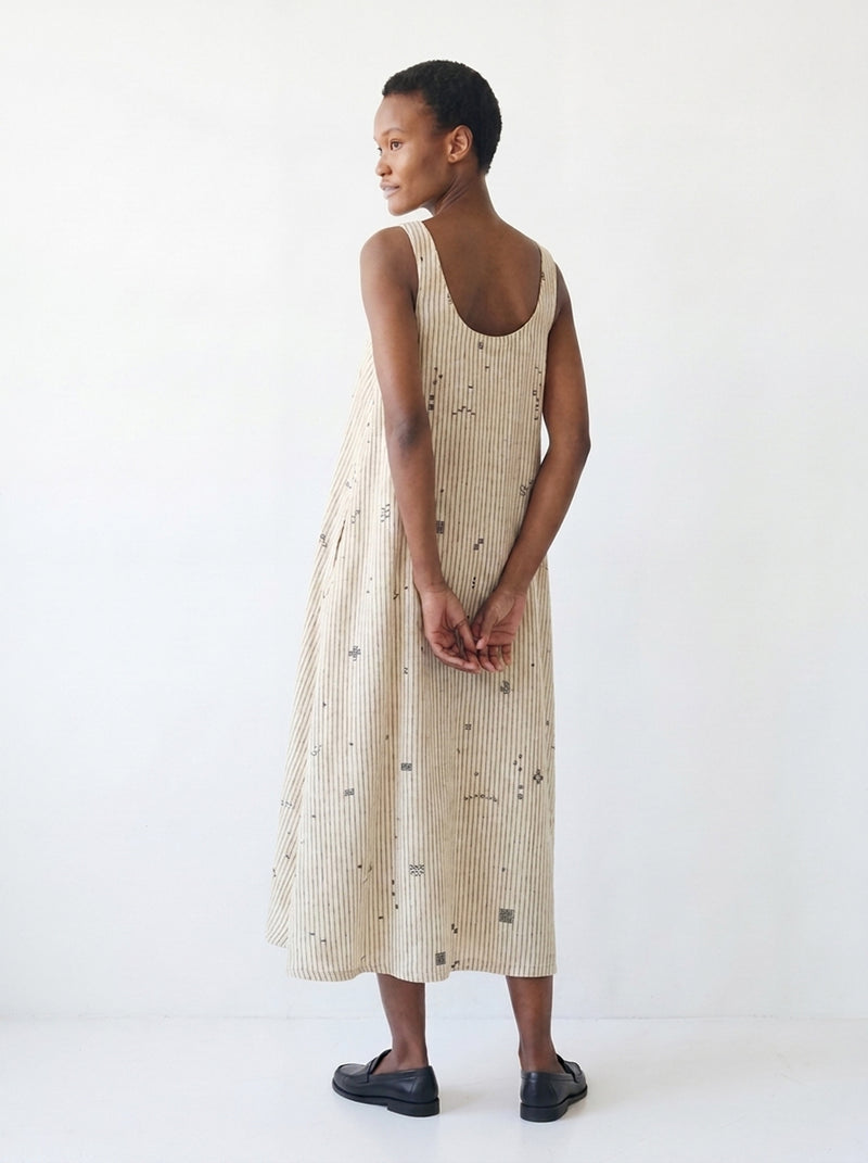 Desert Rhythm Midi Dress-Fine stripe cotton jamdani dress by World of Crow in white for women Worldwide