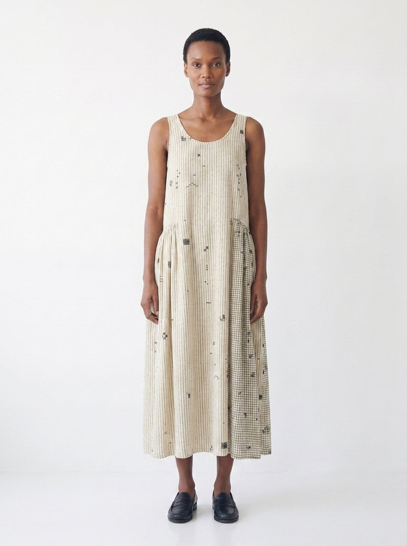 Desert Rhythm Midi Dress-Fine stripe cotton jamdani dress by World of Crow in white for women Worldwide