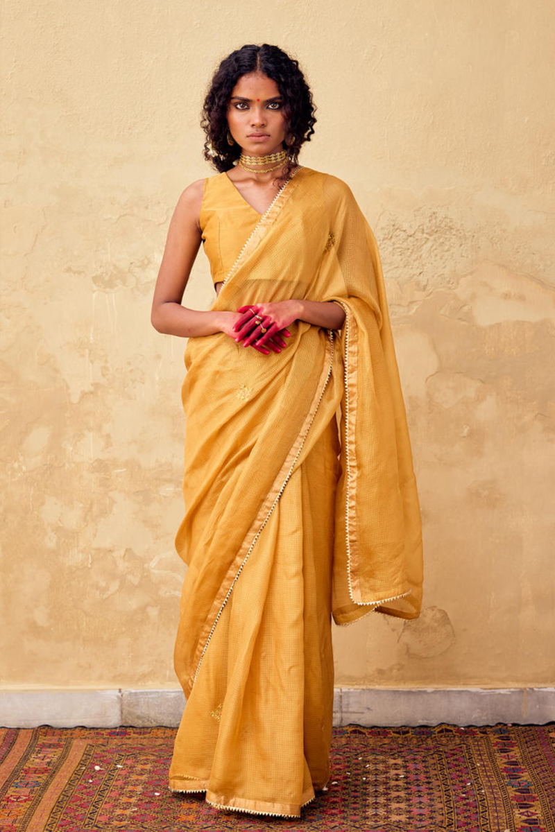 Dhoop Saree with Blouse piece silk by Khara Kapas in mustard for women Worldwide
