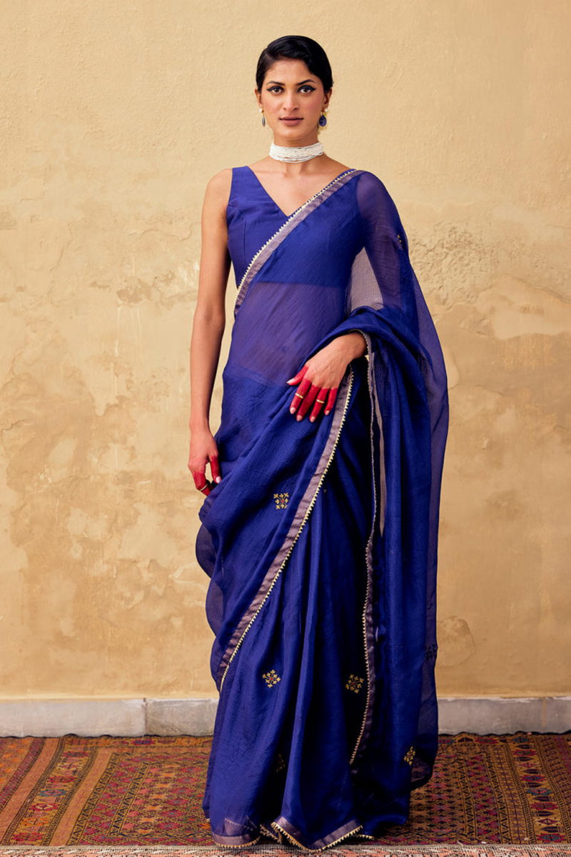 Dilruba Saree with Blouse piece silk by Khara Kapas in blue for women Worldwide