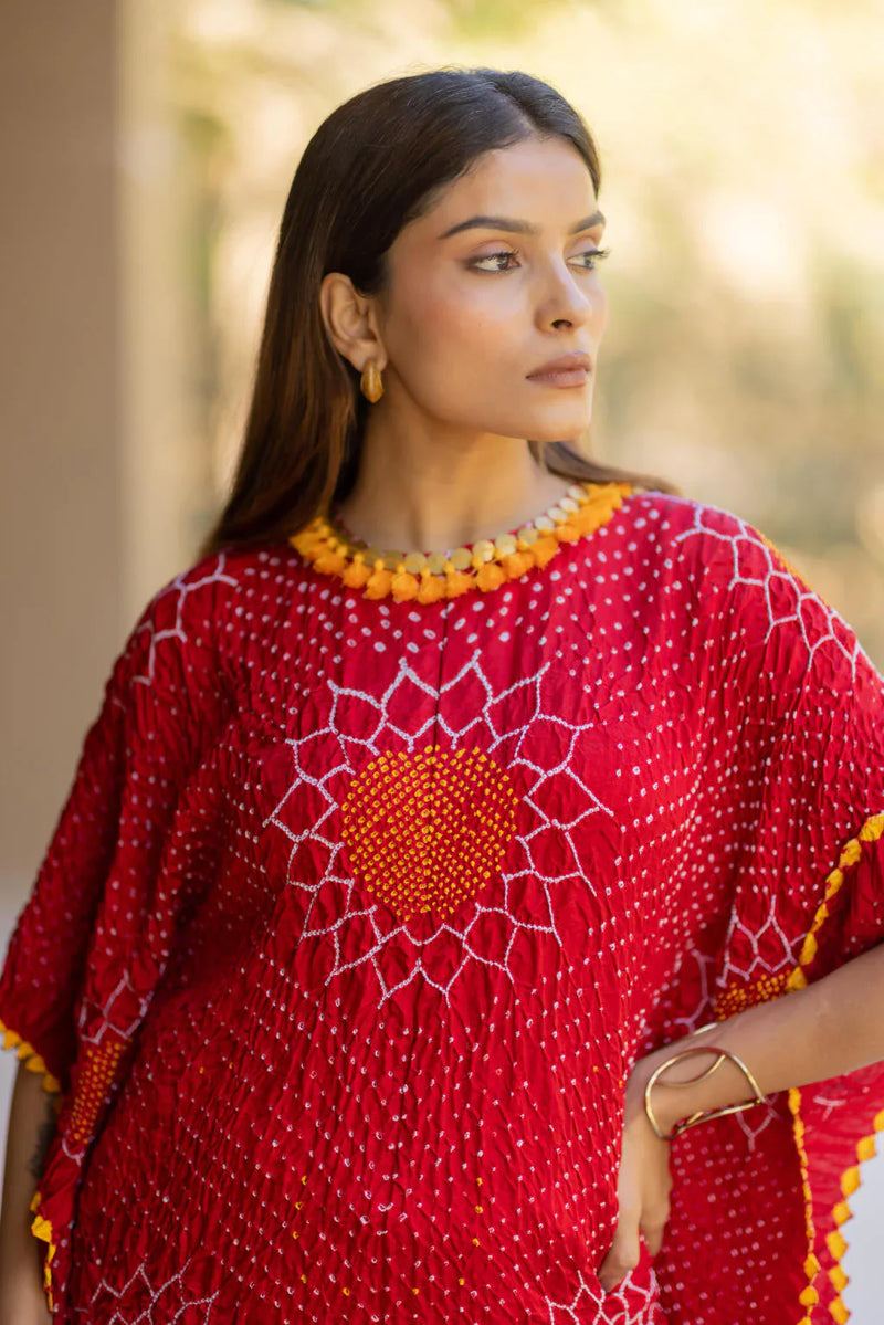 VALLEY OF FLOWERS KAFTAN-RED silk by Dyelogue in red color for women Worldwide