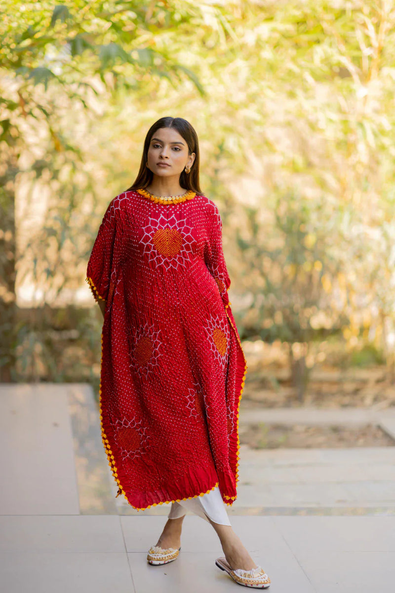 VALLEY OF FLOWERS KAFTAN-RED silk by Dyelogue in red color for women Worldwide