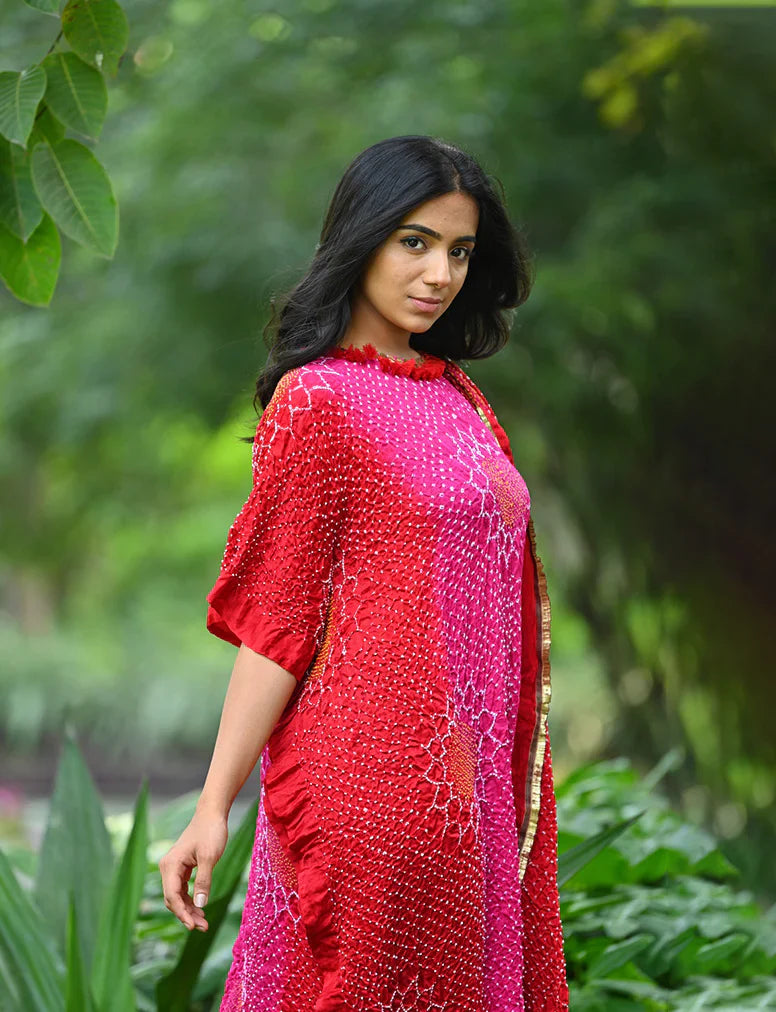 DRAPE DRESS - VALLEY OF FLOWERS-PINK RED SHADED silk by Dyelogue in pink color for women Worldwide