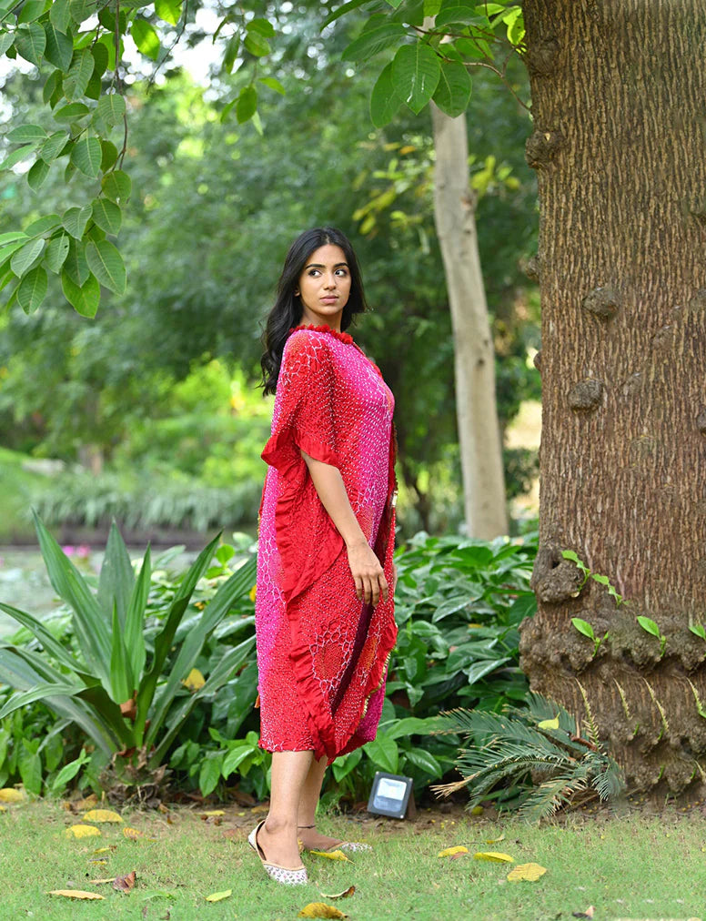 DRAPE DRESS - VALLEY OF FLOWERS-PINK RED SHADED silk by Dyelogue in pink color for women Worldwide