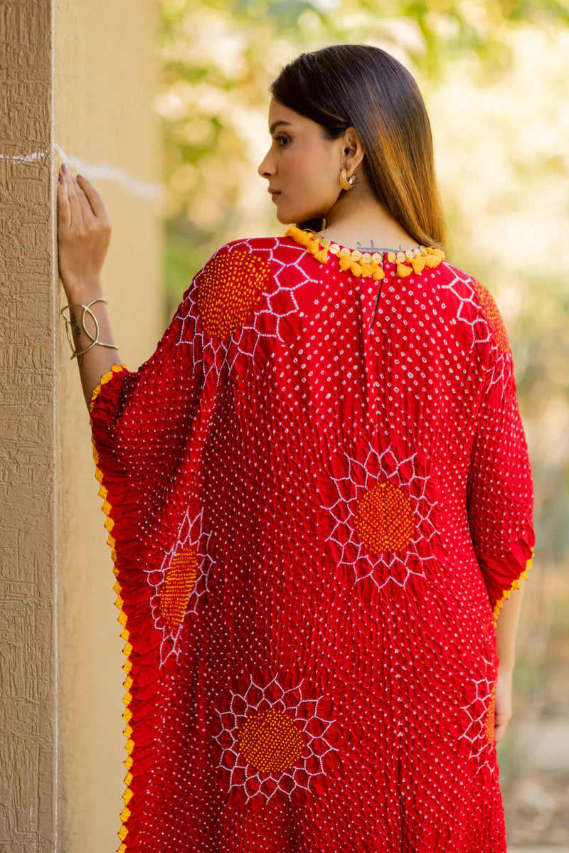 VALLEY OF FLOWERS KAFTAN-RED silk by Dyelogue in red color for women Worldwide