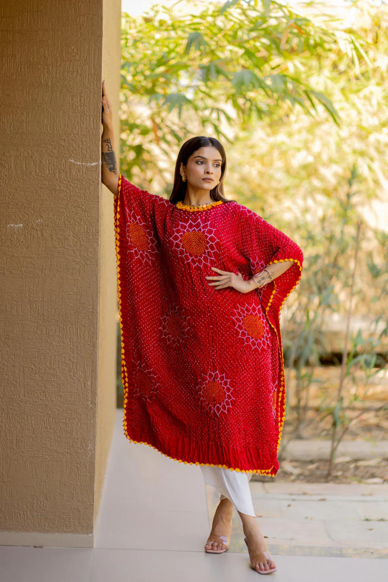 VALLEY OF FLOWERS KAFTAN-RED silk by Dyelogue in red color for women Worldwide