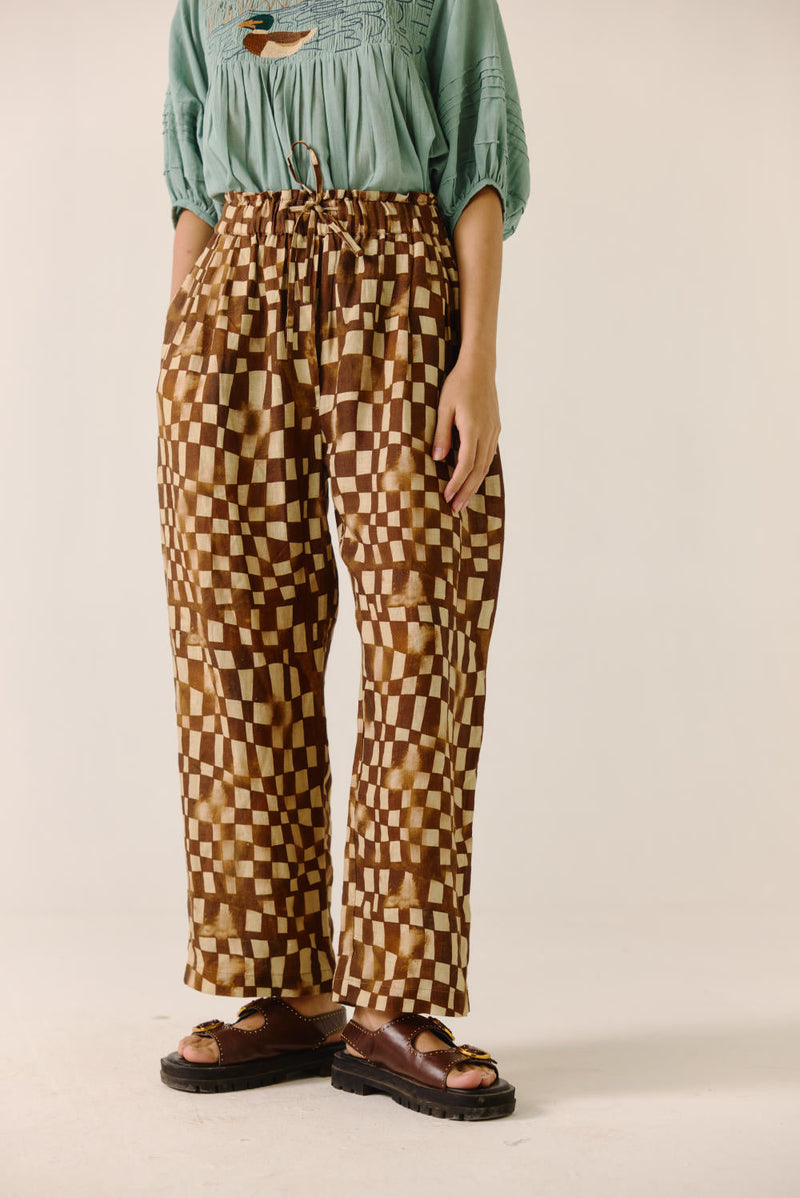 Drawstring Pant-Brown Checks by CORD for women Worldwide